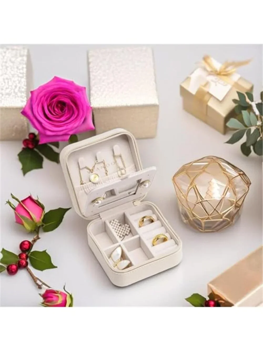 Travel Jewelry Box Organizer Small Case Mirror Ring Earring Necklace Storage
